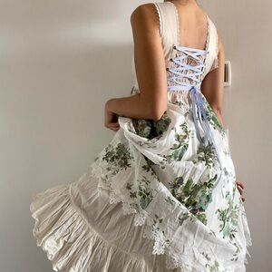 Cottagecore cream & green floral corset lace-up midi dress | Oktoberfest Dirndl